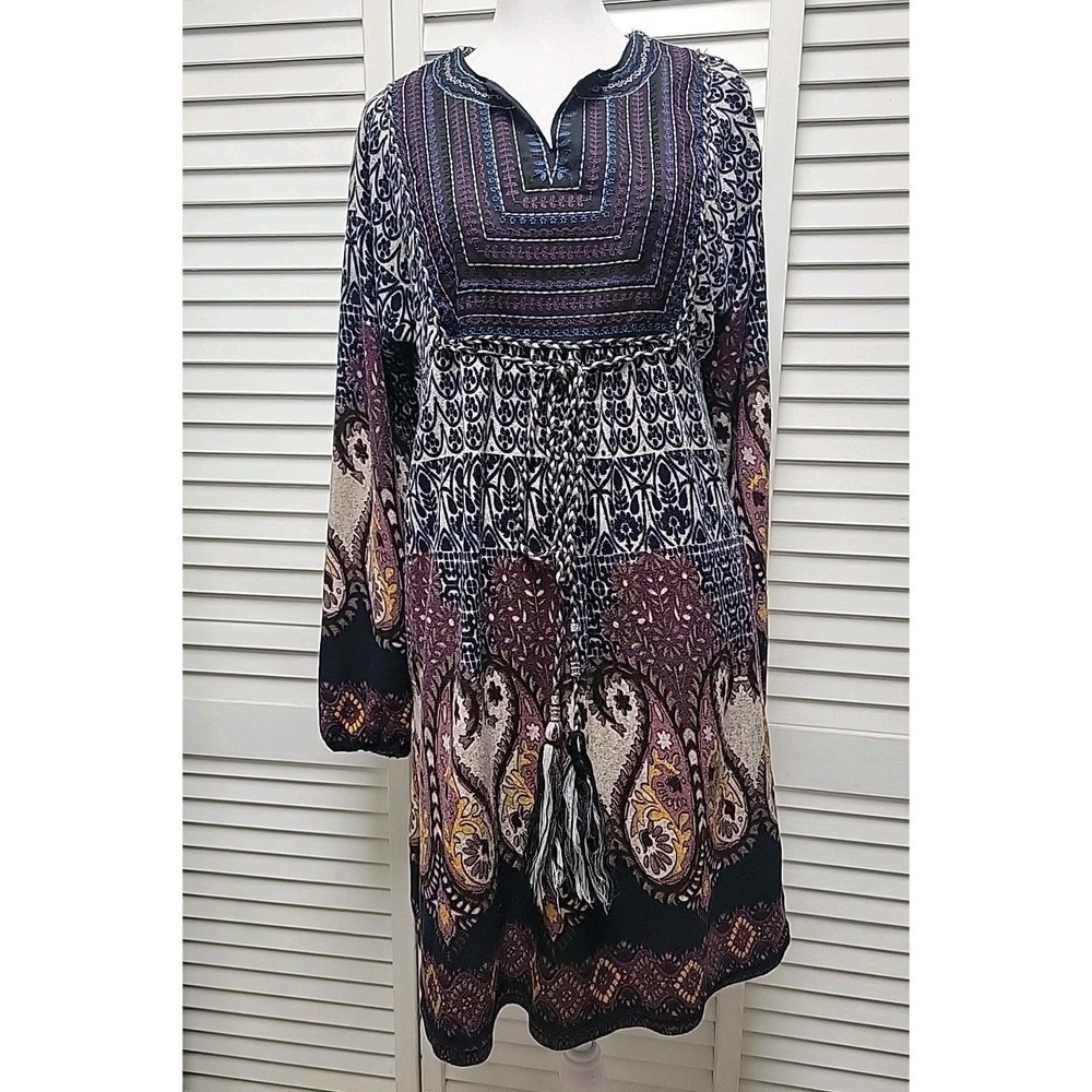 Angie Long Sleeve Boho Paisley Dress Tassels SZ S Hippie Festival